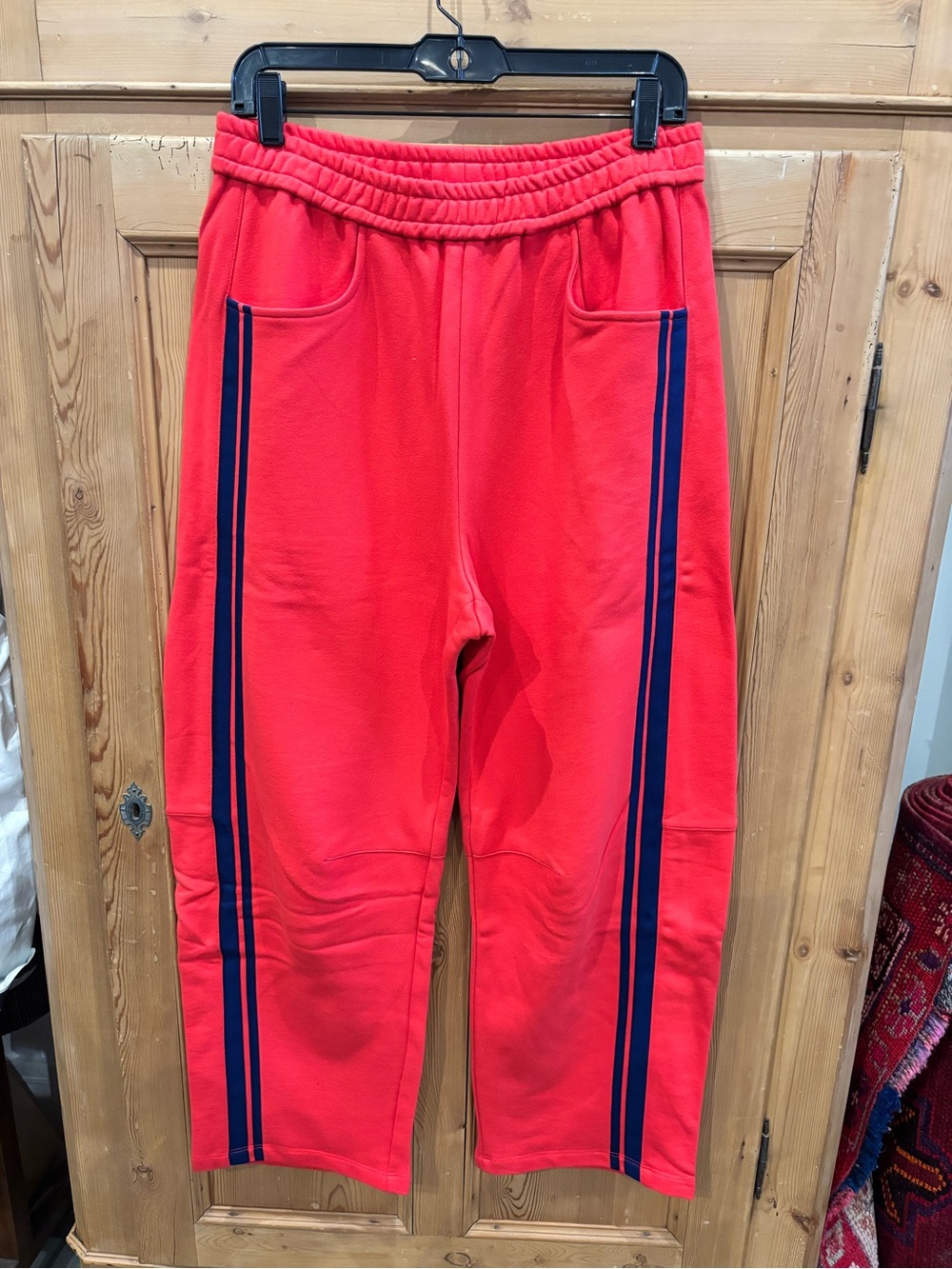No. 6 Coral-Red Track Pants with Navy Side Stripes